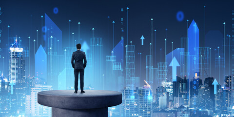 Businessman on a concrete stand and skyscrapers, futuristic city wireframe