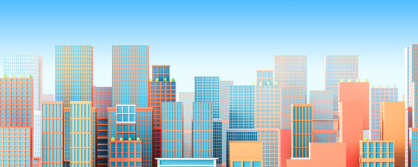 Modern business cityscape with colorful abstract buildings in row