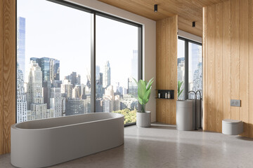 Stylish hotel bathroom interior with sink, toilet and tub near panoramic window