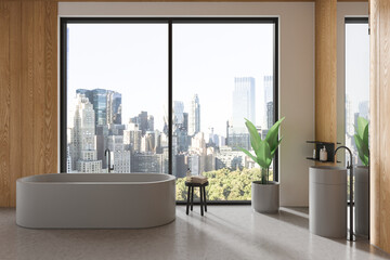 Elegant hotel bathroom interior with sink and tub, panoramic window