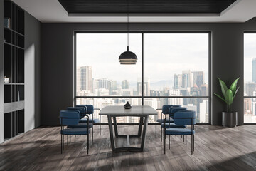 Gray dining room interior with window