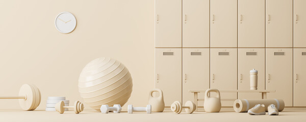 Gym lockers and sport equipment over beige