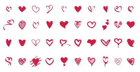 Collection of illustrated red heart icons doodles illustration