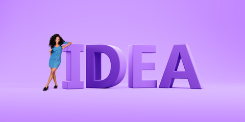 African woman with thumb up standing near word idea on purple background