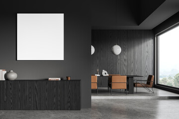 Black home living room interior with dresser and panoramic window, mockup frame - obrazy, fototapety, plakaty