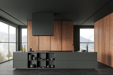 Dark wooden home kitchen interior with bar island and panoramic window