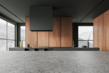Grey stone countertop on background of kitchen interior with kitchenware. Mockup