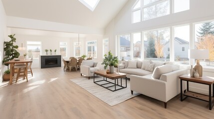 Fototapeta na wymiar A light and bright open concept living room den with vaulted ceilings in a new construction house.