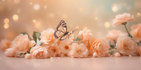 Spring flowers and flying butterflies on blurred bokeh background in trendy Peach Fuzz color. Elegant backdrop for holiday banners, posters, cards