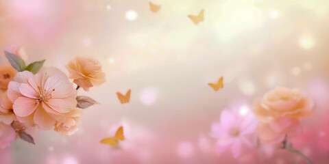 Fototapeta na wymiar Spring flowers and flying butterflies on blurred bokeh background in trendy Peach Fuzz color. Elegant backdrop for holiday banners, posters, cards