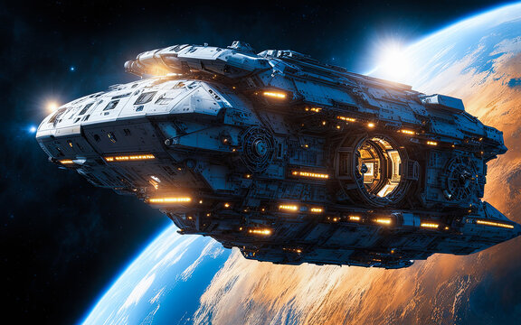 Spaceship in space, with glow and lights, fantasy photo, beautiful planets, planet earth, planet sun. Deep space, solar system. Generated Playground Ai