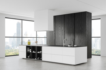 Luxury home kitchen interior with bar island and panoramic window