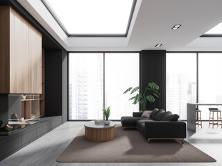 Gray living room interior with fireplace and sofa