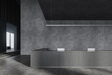 Grey business reception interior desk and waiting area, panoramic window