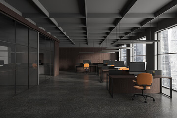 Wooden and gray open space office interior