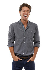 Entrepreneur, laughing and confident man in studio, white background and professional style. Businessman, smile and hands in jeans, pockets and funny person with fashion o worker with happiness
