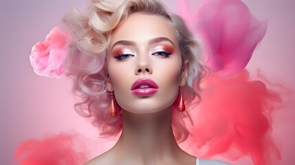 Naklejka premium A woman's lips adorned in striking pink lipstick, and earrings, and enhanced by lengthy eyelashes 