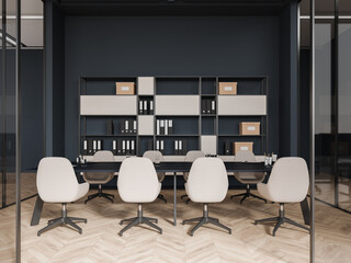 Fototapeta na wymiar Modern blue office room interior with conference table and chairs, shelf