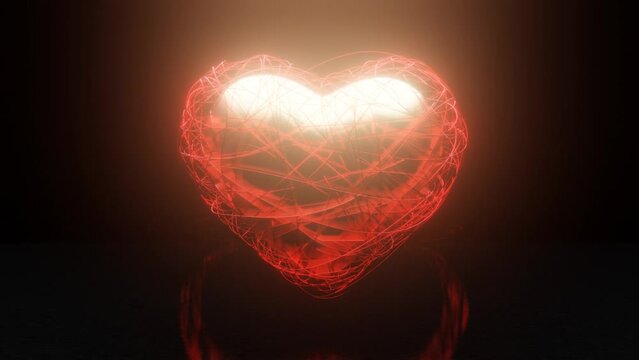 Loop 3D animation of a golden heart and lots of glowing threads, lightning. Abstract 3d animation for Valentine's Day. A fantastic abstract idea.