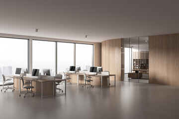 Stylish office interior with coworking and meeting room, panoramic window