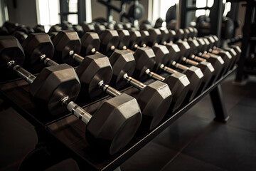 gym interior background of dumbbells on rack in fitness and workout room - obrazy, fototapety, plakaty