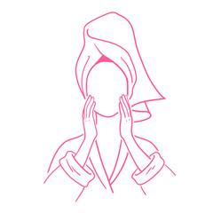 Woman wearing hair towel and bathrobe making her beauty routine. Line art simple facless portrait vector illustration in pink colors