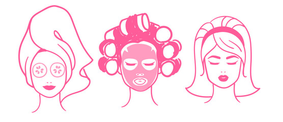 Vector illustration set of female portraits with facial masks wrapped with hair towel in pink color