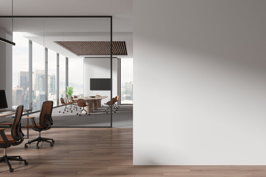 Office business interior with coworking and conference room, window. Mockup wall