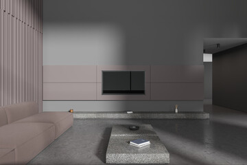 Gray and beige living room with TV and sofa