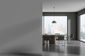 Grey living room interior with eating table and chairs, window. Mock up wall - obrazy, fototapety, plakaty