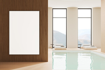 Modern stylish spa interior with loungers and panoramic window. Mock up frame