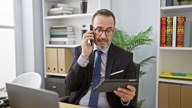 Talkative middle aged man with grey hair engrossed in work, successfully managing business tasks on smartphone and touchpad at office.