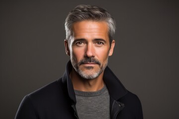 Portrait of a handsome middle-aged man with gray hair and beard. Studio shot on dark background.