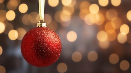 Shiny Red Christmas ball on blurred background of golden bokeh lights, Copy space