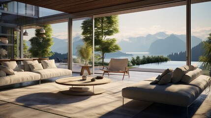 Beautiful interior of a modern house, view from the terrace
