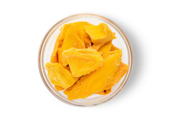 Dried sweet mango slices on white background.Top view.Macro.