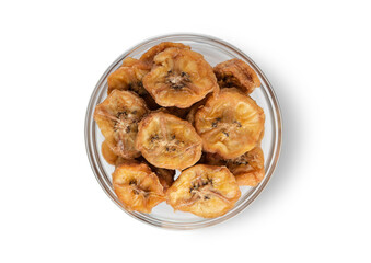 Dried sweet banana slices on white background.Top view.Macro.