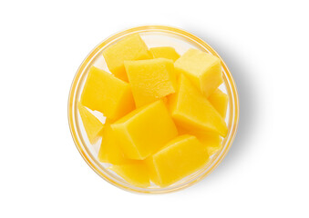 Slice of ripe organic mango on white background.Top view.Macro.