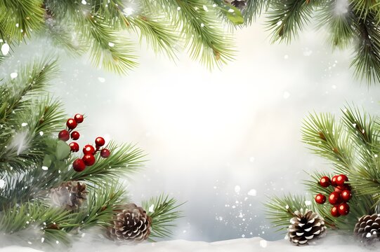christmas background with christmas tree branches and balls season, border, 