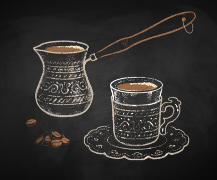 Turkish Coffee cup and Cezve on black chalkboard background. Vector chalk drawn sideview grunge illustration.