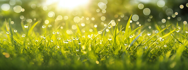 a close up of grass with dew drops on it and the sun shining in the background with a blurry background, grass, environmental art, generative ai