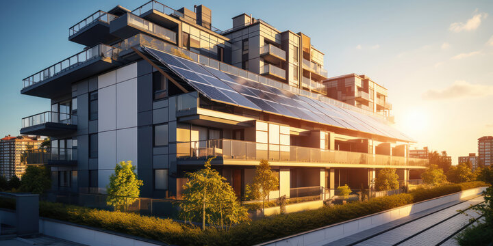 Modern apartment buildings topped with solar panels illustrate sustainable urban living