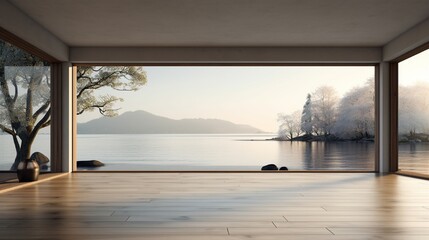 Beautiful modern house, empty room with window overlooking the lake