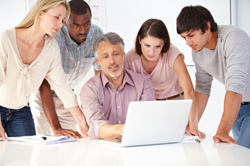 Fototapeta premium Business people, planning and teamwork on laptop for website design collaboration, manager feedback and advice. Group meeting, mature boss and creative designer team on computer or software training