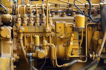 A old injector pump set of the old vintage yellow engine of a generator.