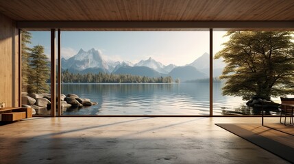 Beautiful modern house, empty room with window overlooking the lake