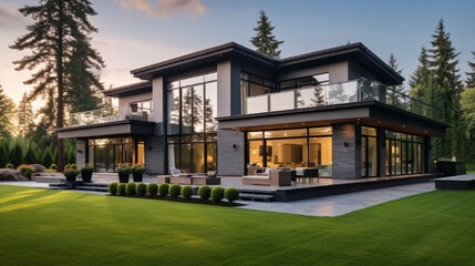 Fototapeta na wymiar Beautiful, Newly Built Luxury Home Exterior with Green Lawn and Forest Backdrop, as Seen From Angle