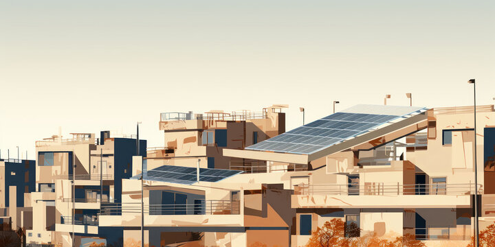 Cluster of sustainable buildings, their roofs lined with energy panels