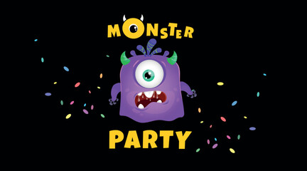 Monster Party Banner Template with Funny Monsters. Happy Birthday Greeting or Invitation Design Template for Anniversary in Cartoon Style. Vector Illustration.