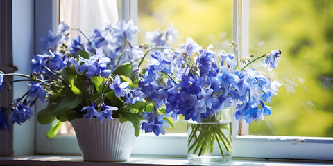 Summer flowers in vase on windowsill in sunlight with large window background 